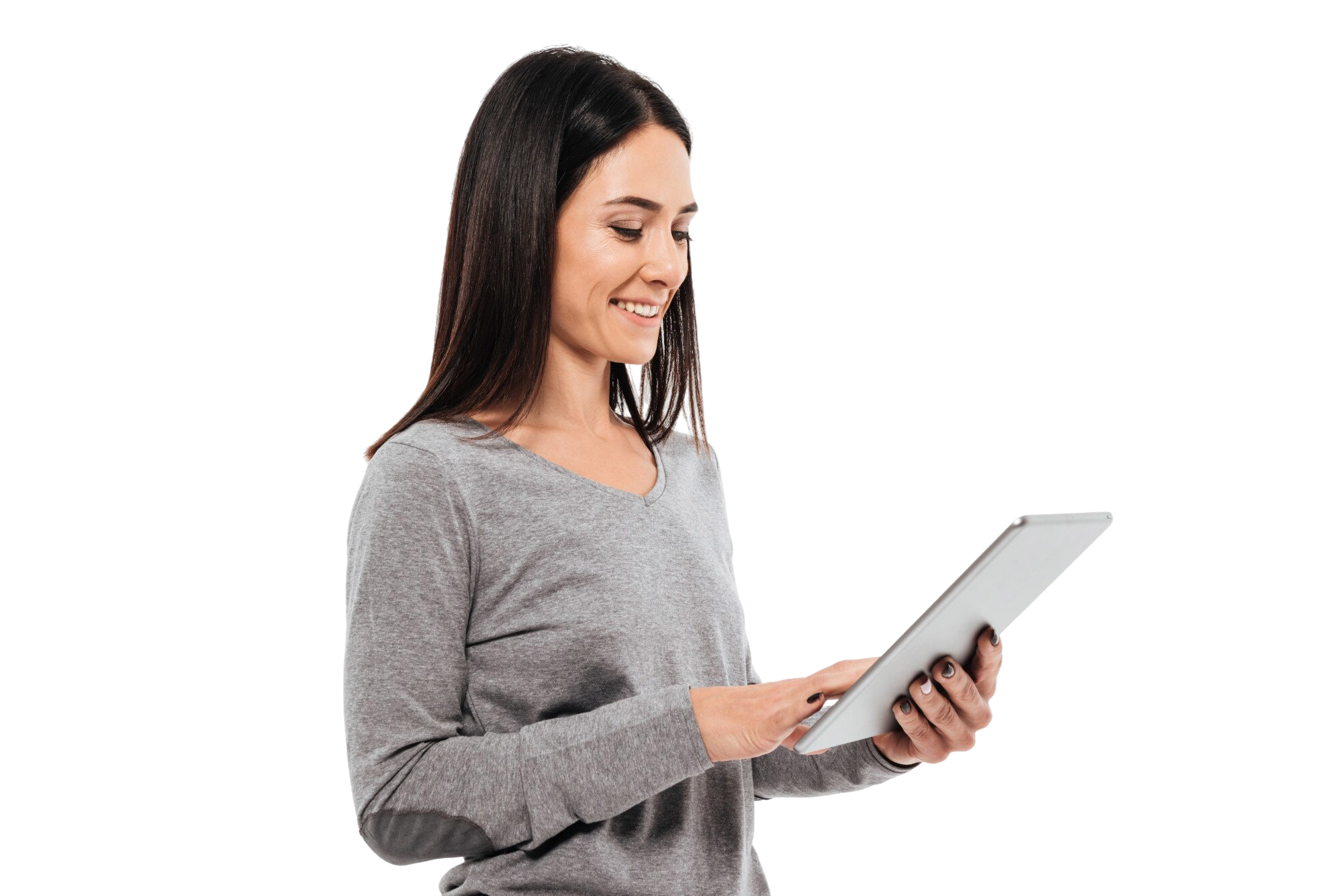 happy-woman-standing-isolated-using-tablet-computer